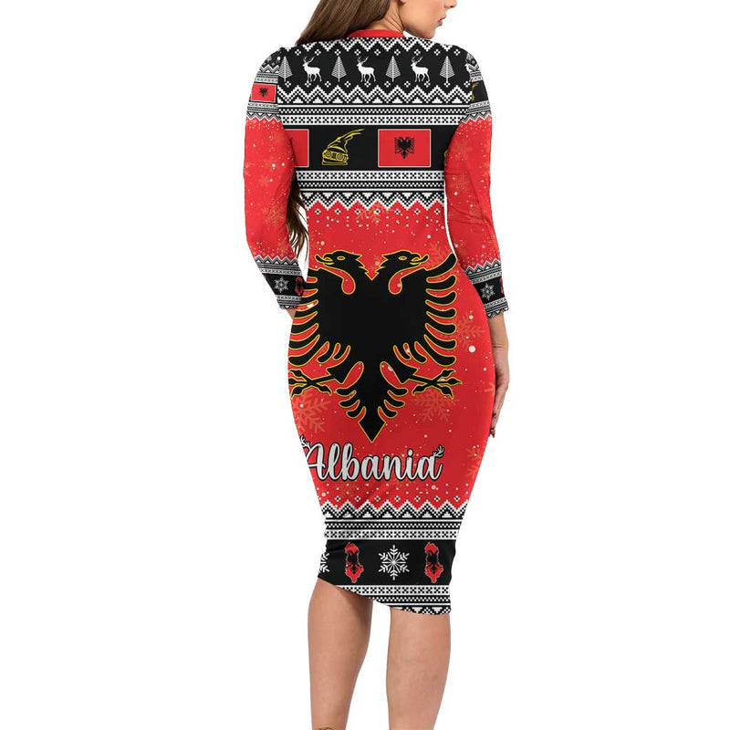 Albania Christmas Albanian Eagle Gezuar Krishtlindja Long Sleeve Bodycon Dress