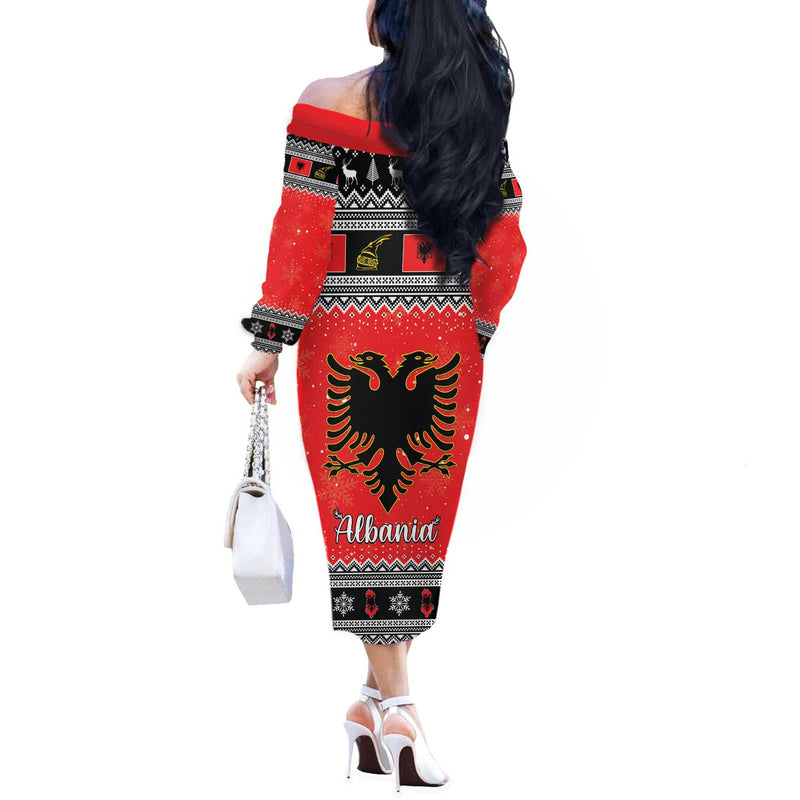 Albania Christmas Albanian Eagle Gezuar Krishtlindja Off The Shoulder Long Sleeve Dress