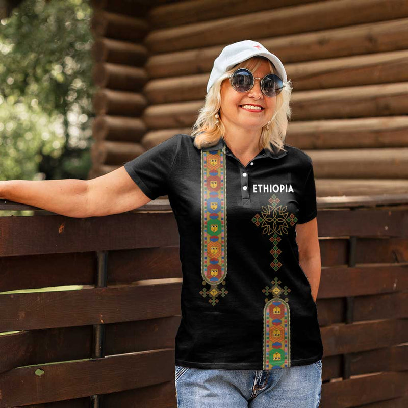 Ethiopia Saba Kemis Ethiopian Cross Lion Of Judah Black Color Women Polo Shirt