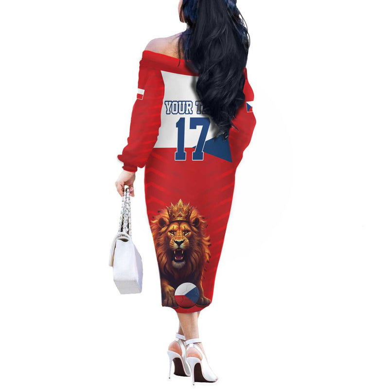 Custom Czech Republic Football Go Champions Sporty Style With Lion Mascot Off The Shoulder Long Sleeve Dress