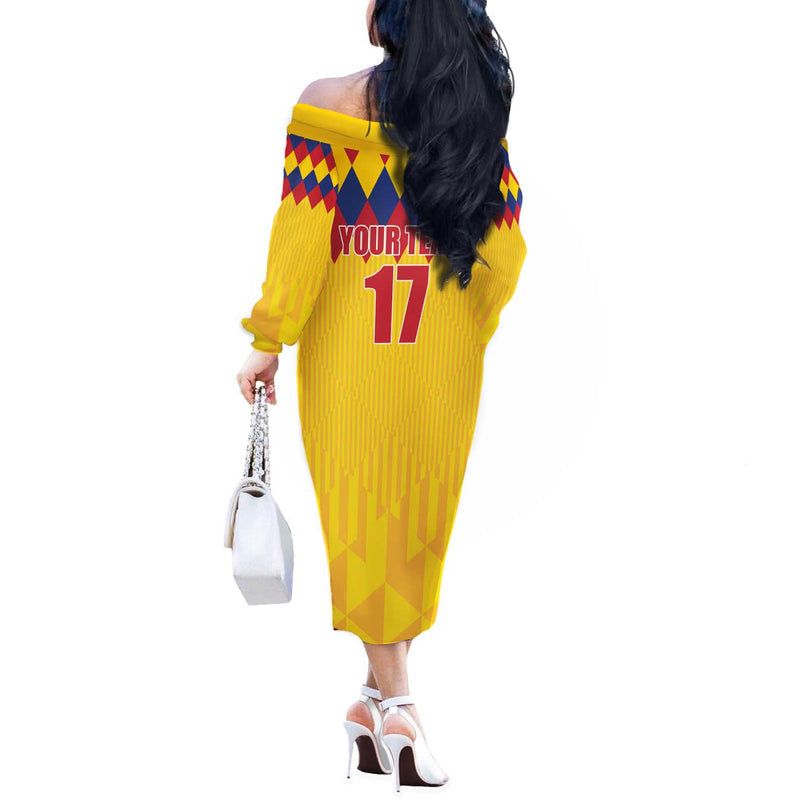 Custom Colombia Football Retro Yellow Style Off The Shoulder Long Sleeve Dress