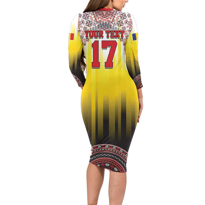 Custom Romania Football Go Champions Romanian Traditional Patern Long Sleeve Bodycon Dress
