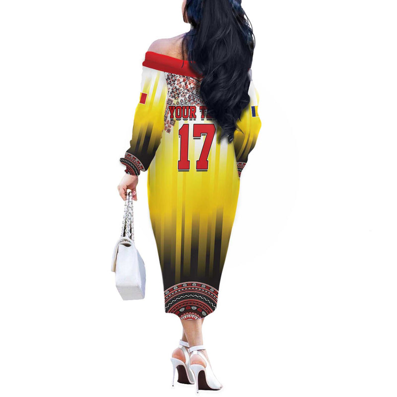 Custom Romania Football Go Champions Romanian Traditional Patern Off The Shoulder Long Sleeve Dress