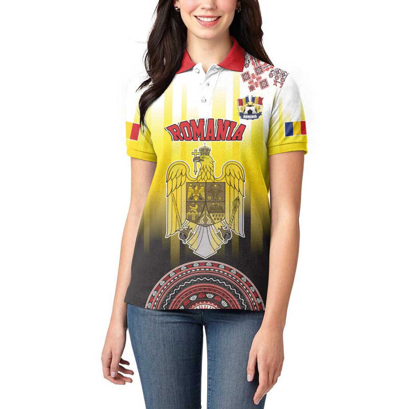 Custom Romania Football Go Champions Romanian Traditional Patern Women Polo Shirt