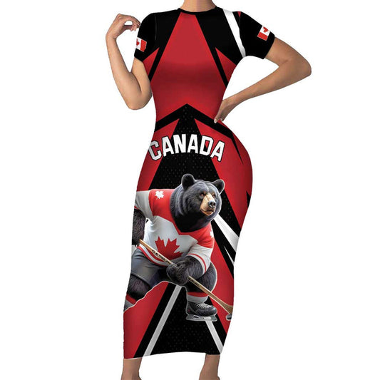 Custom Canada Hockey Black Bear Playing Ice Hockey Short Sleeve Bodycon Dress