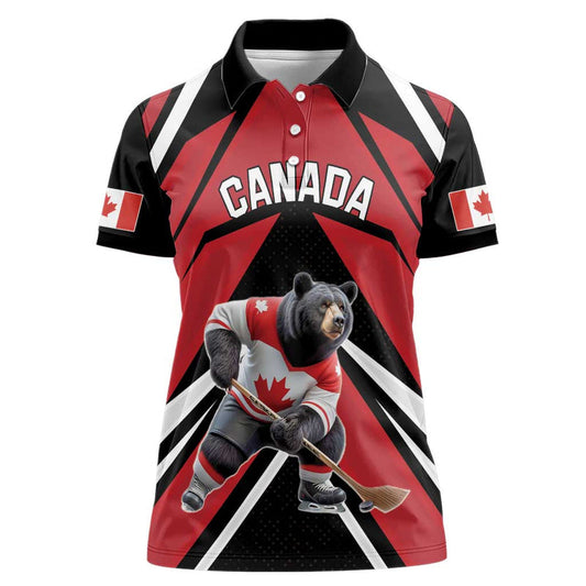 Custom Canada Hockey Black Bear Playing Ice Hockey Women Polo Shirt