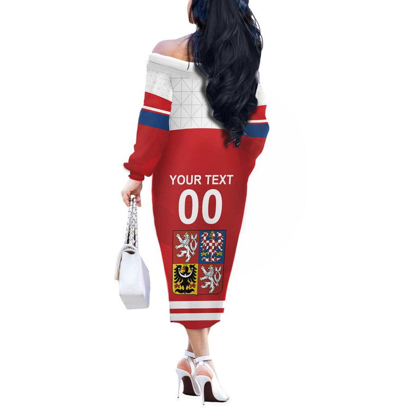 Custom Czech Republic Hockey Czech Lion Off The Shoulder Long Sleeve Dress