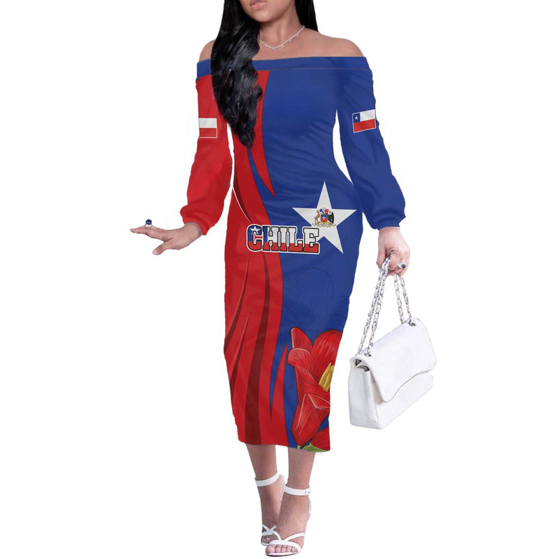 Custom Chile Independence Day Lapageria Flower With Coat Of Arms Off The Shoulder Long Sleeve Dress