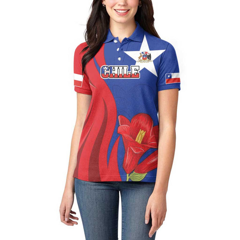 Custom Chile Independence Day Lapageria Flower With Coat Of Arms Women Polo Shirt