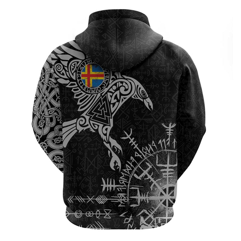 Aland Viking Ravens Vegvisir Runes Pattern Hoodie