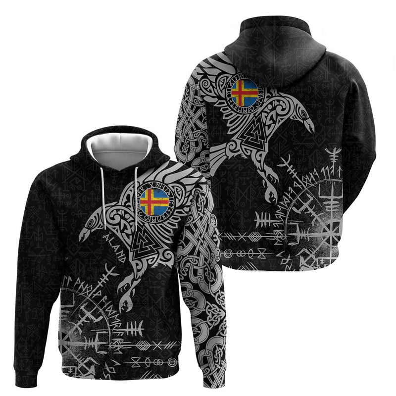 Aland Viking Ravens Vegvisir Runes Pattern Hoodie