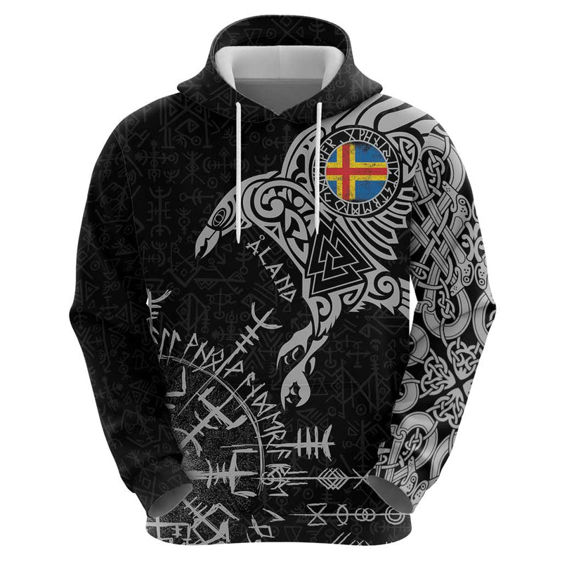 Aland Viking Ravens Vegvisir Runes Pattern Hoodie