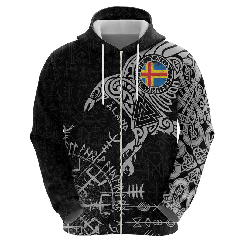 Aland Viking Ravens Vegvisir Runes Pattern Hoodie