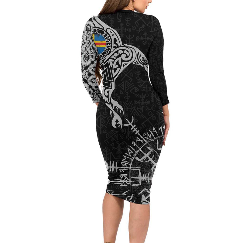 Aland Viking Ravens Vegvisir Runes Pattern Long Sleeve Bodycon Dress