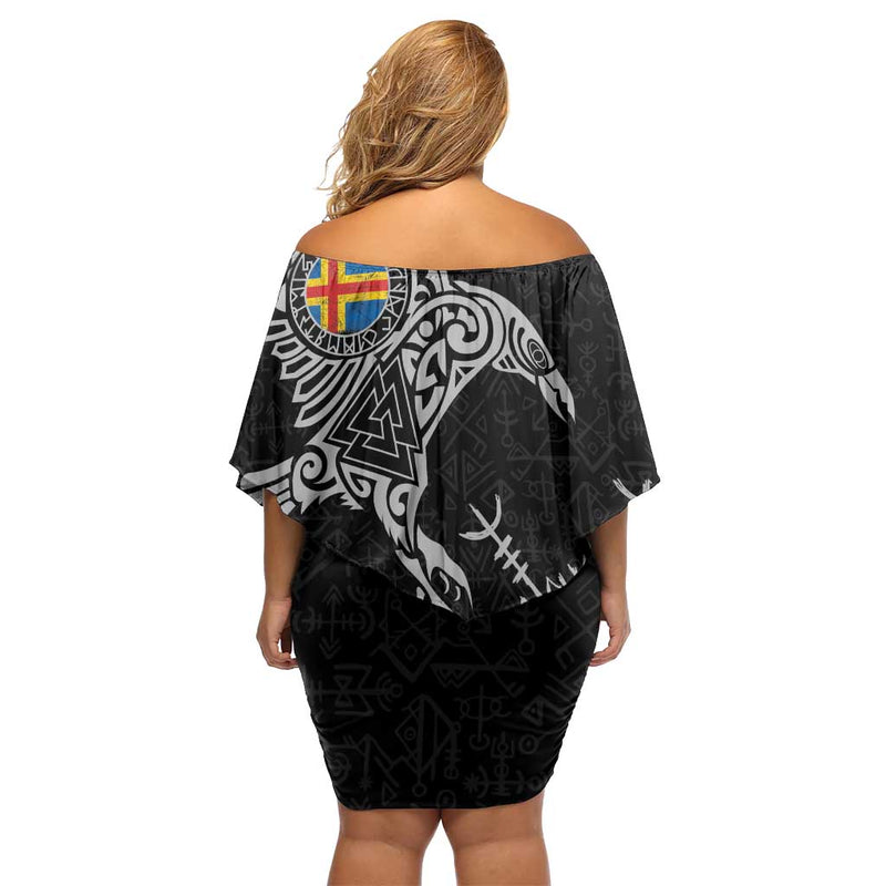 Aland Viking Ravens Vegvisir Runes Pattern Off Shoulder Short Dress