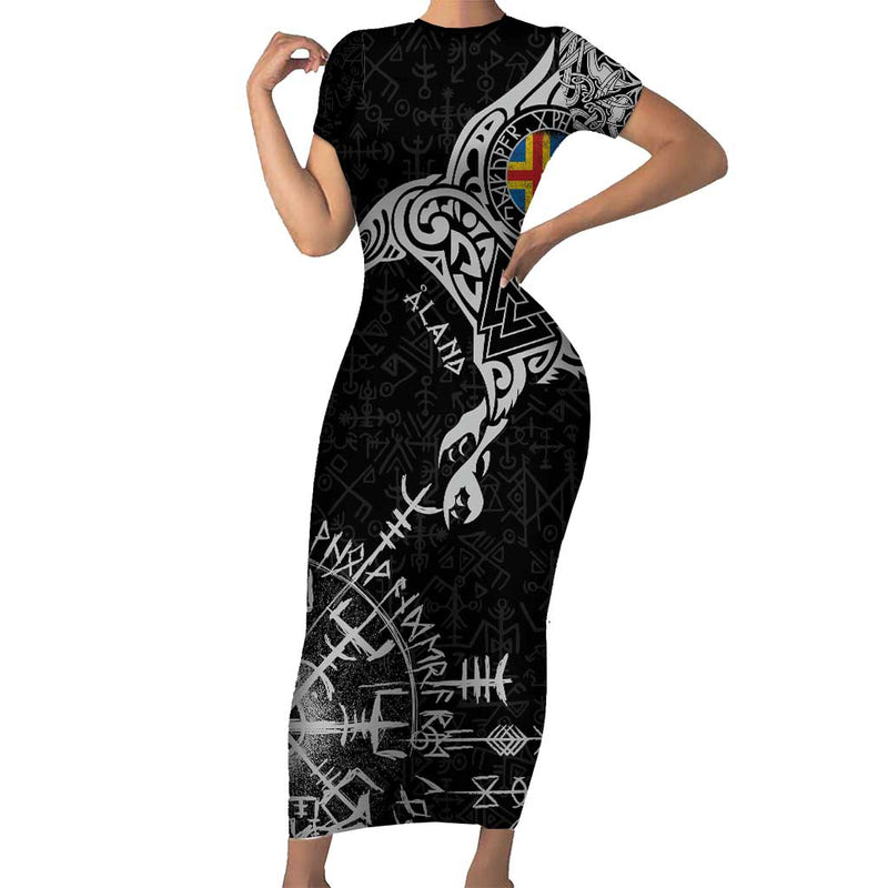 Aland Viking Ravens Vegvisir Runes Pattern Short Sleeve Bodycon Dress