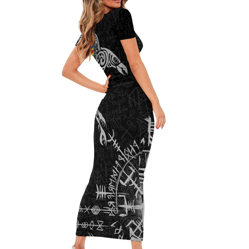 Aland Viking Ravens Vegvisir Runes Pattern Short Sleeve Bodycon Dress