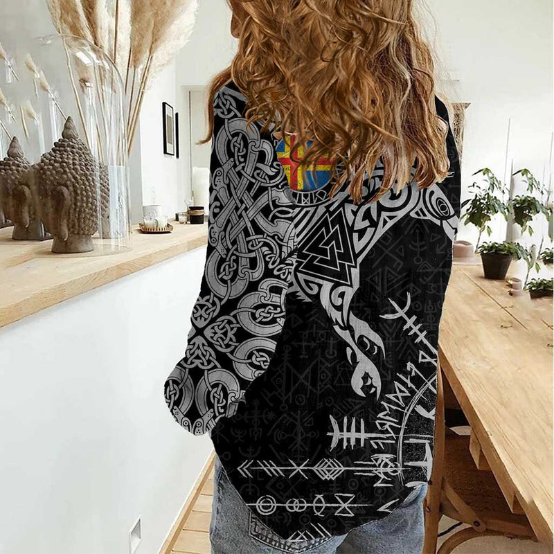 Aland Viking Ravens Vegvisir Runes Pattern Women Casual Shirt