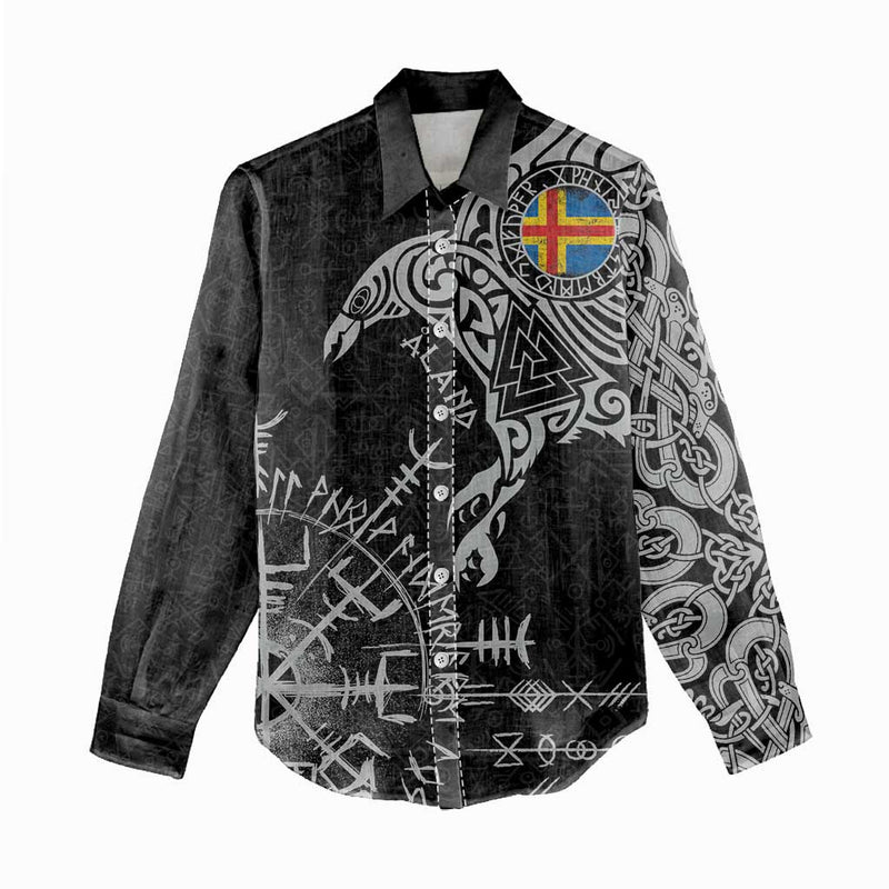 Aland Viking Ravens Vegvisir Runes Pattern Women Casual Shirt
