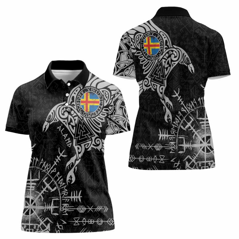 Aland Viking Ravens Vegvisir Runes Pattern Women Polo Shirt