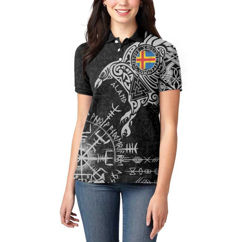 Aland Viking Ravens Vegvisir Runes Pattern Women Polo Shirt