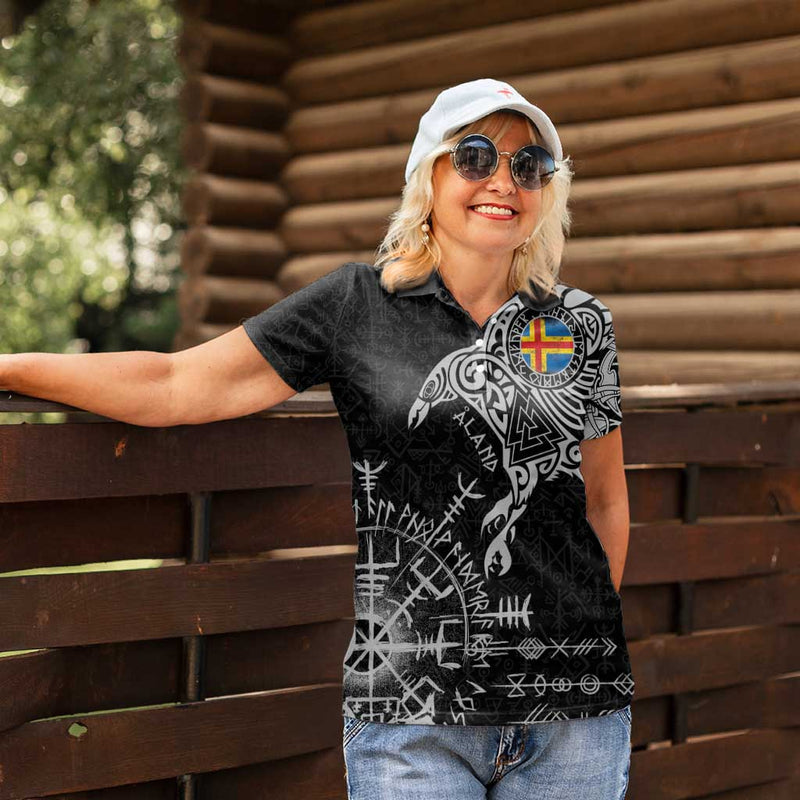 Aland Viking Ravens Vegvisir Runes Pattern Women Polo Shirt