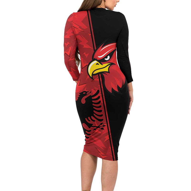 Albania Eagle National Emblem Grunge Pattern Long Sleeve Bodycon Dress