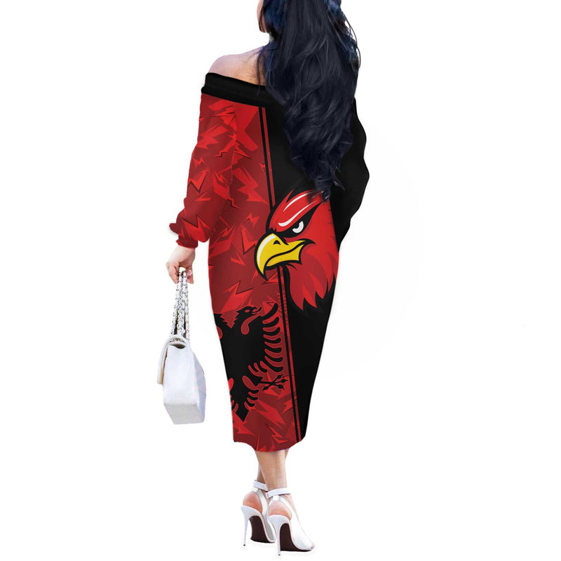 Albania Eagle National Emblem Grunge Pattern Off The Shoulder Long Sleeve Dress