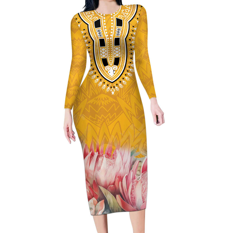 Africa Dashiki King Protea Floral Motif Patterns Long Sleeve Bodycon Dress