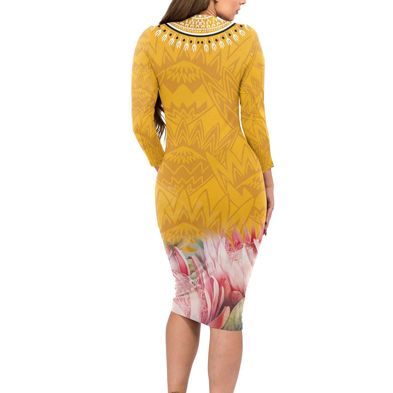 Africa Dashiki King Protea Floral Motif Patterns Long Sleeve Bodycon Dress