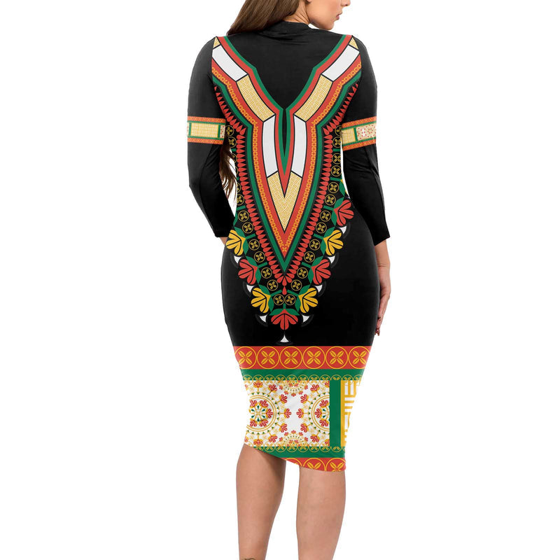 Africa Dashiki Embroidery Neckline Floral Pattern Long Sleeve Bodycon Dress