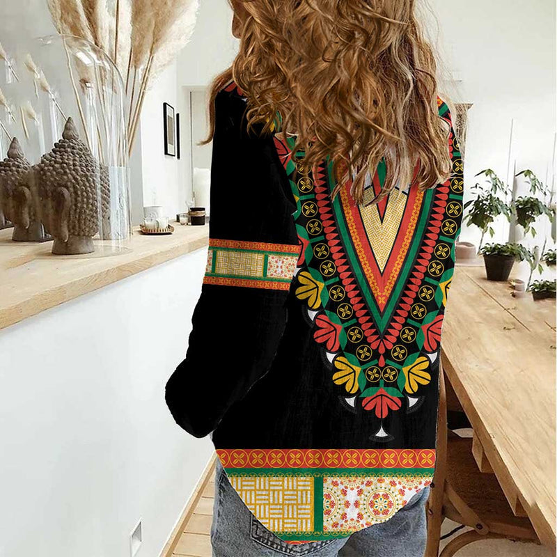 Africa Dashiki Embroidery Neckline Floral Pattern Women Casual Shirt