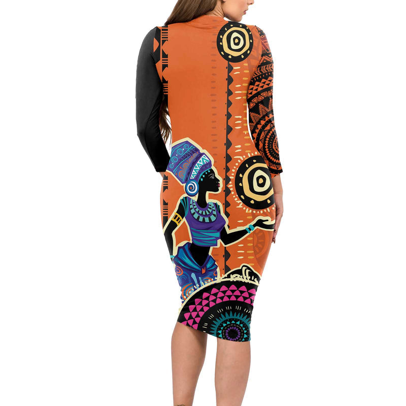 African Woman In Ethnic Dress Ethnic Geometric Patterns Long Sleeve Bodycon Dress