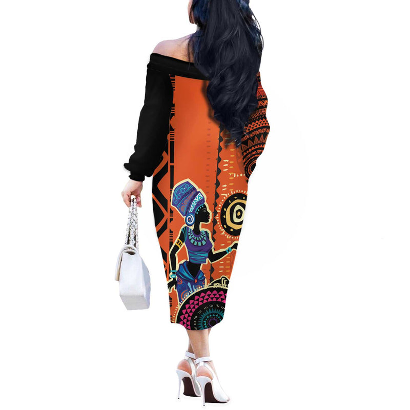 African Woman In Ethnic Dress Ethnic Geometric Patterns Off The Shoulder Long Sleeve Dress