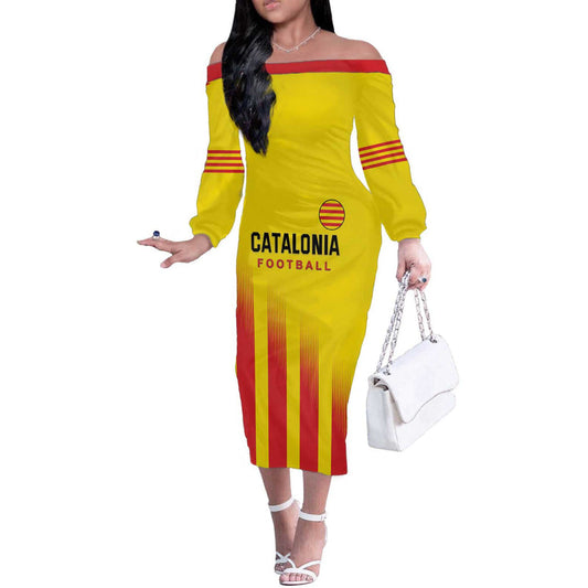 Custom Catalonia Football Seleccio De Futbol De Catalunya Off The Shoulder Long Sleeve Dress