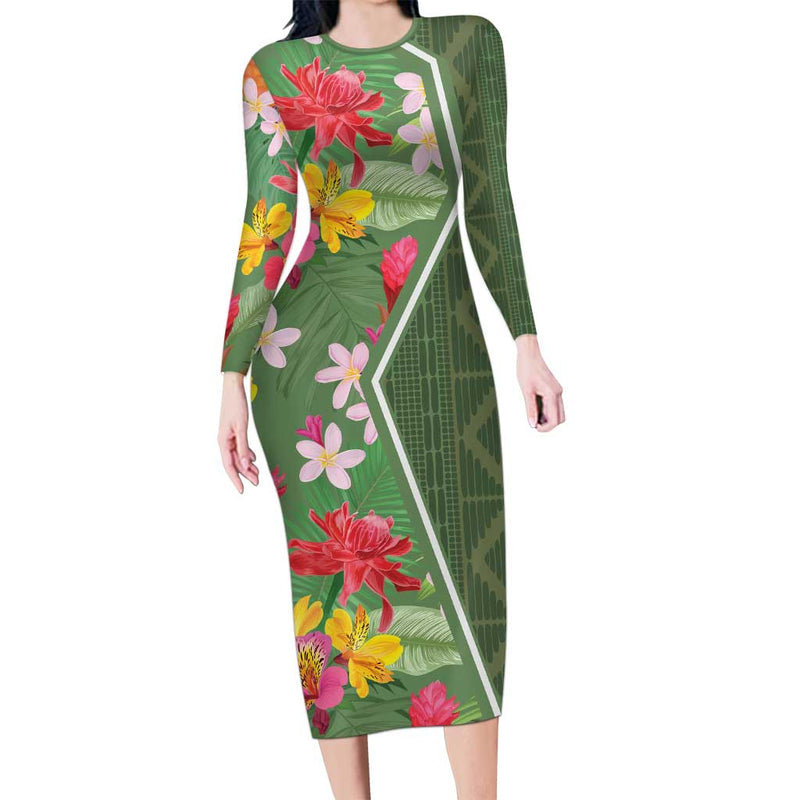 Africa Tropical Flowers Green Version Long Sleeve Bodycon Dress