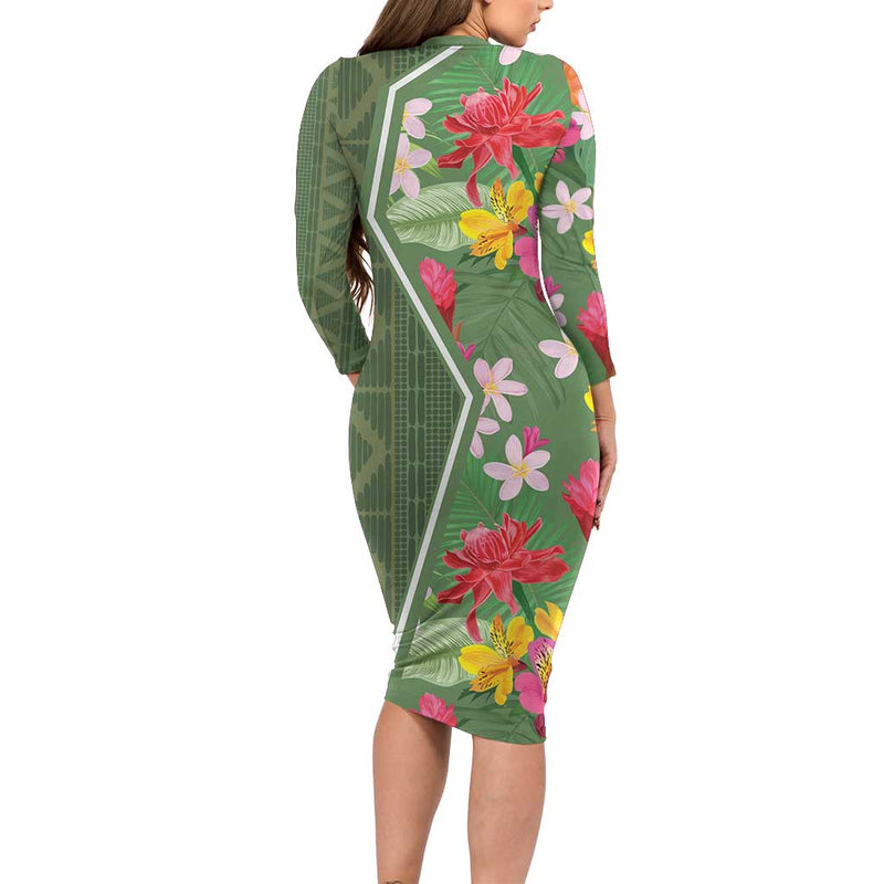 Africa Tropical Flowers Green Version Long Sleeve Bodycon Dress