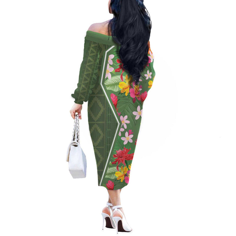 Africa Tropical Flowers Green Version Off The Shoulder Long Sleeve Dress