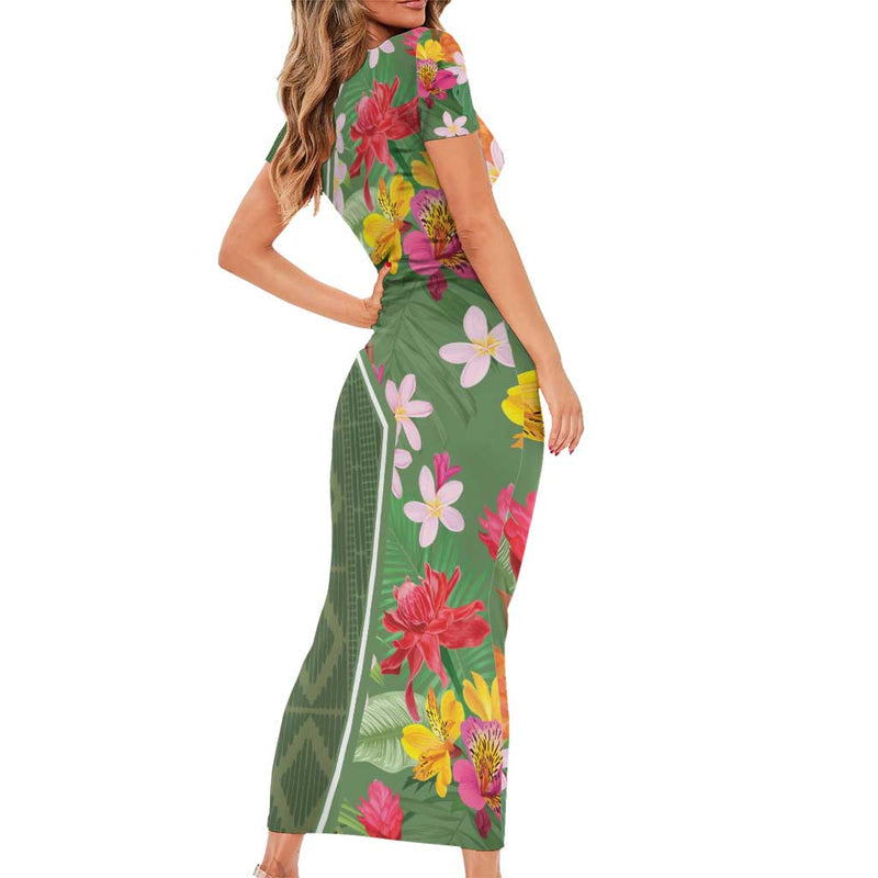 Africa Tropical Flowers Green Version Short Sleeve Bodycon Dress