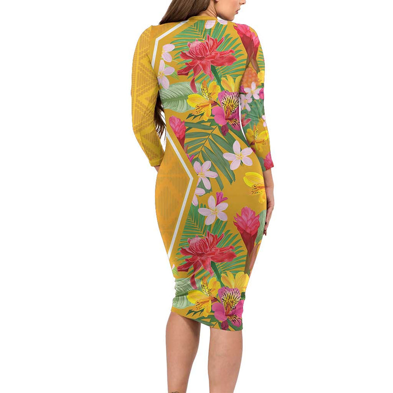 Africa Tropical Flowers Yellow Version Long Sleeve Bodycon Dress