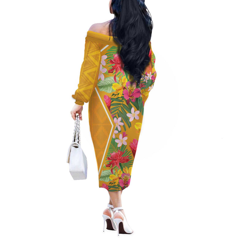 Africa Tropical Flowers Yellow Version Off The Shoulder Long Sleeve Dress