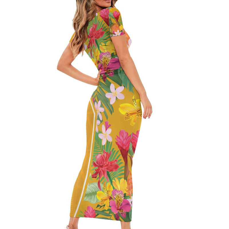 Africa Tropical Flowers Yellow Version Short Sleeve Bodycon Dress
