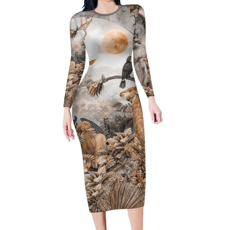 Africa Safari Animals Long Sleeve Bodycon Dress