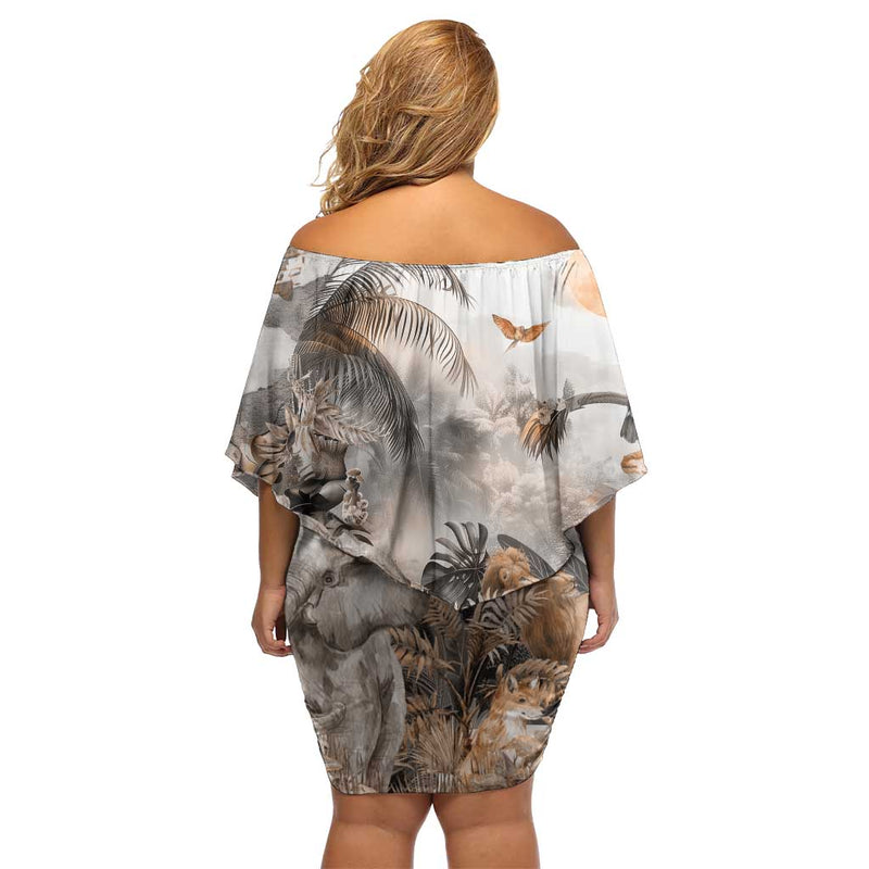 Africa Safari Animals Off Shoulder Short Dress