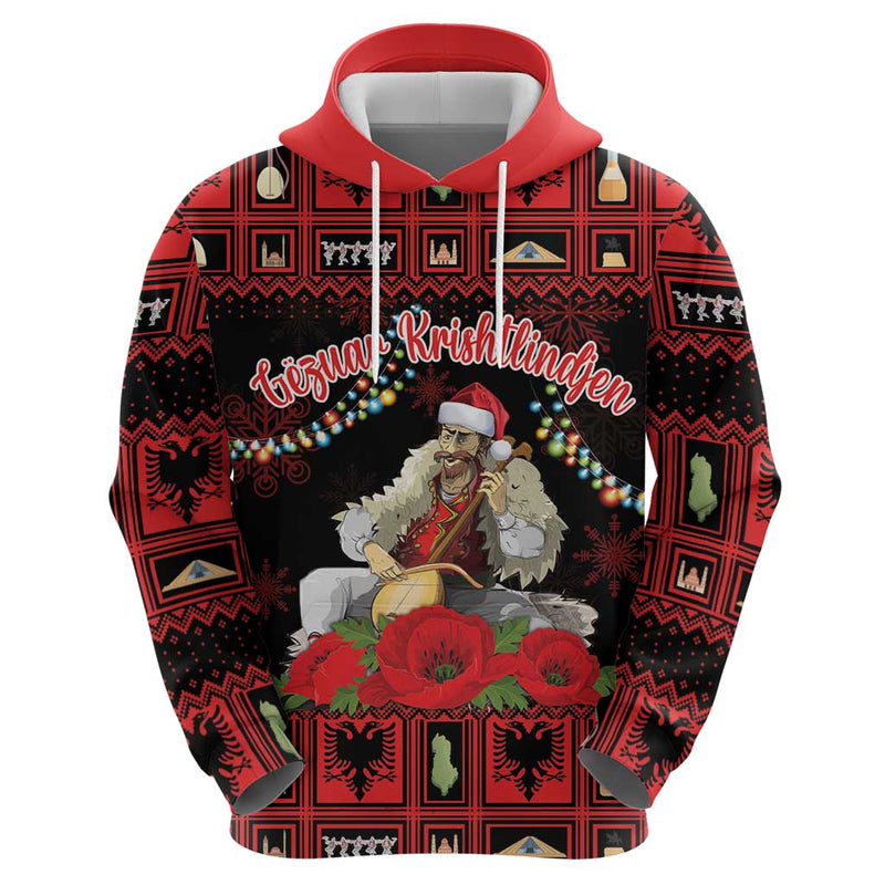 Albania Christmas Albanian Man Playing Lahuta With Red Poppy Hoodie