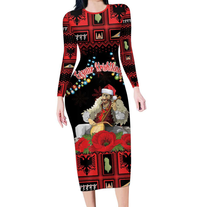 Albania Christmas Albanian Man Playing Lahuta With Red Poppy Long Sleeve Bodycon Dress