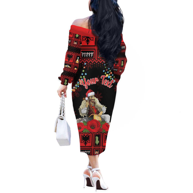 Albania Christmas Albanian Man Playing Lahuta With Red Poppy Off The Shoulder Long Sleeve Dress
