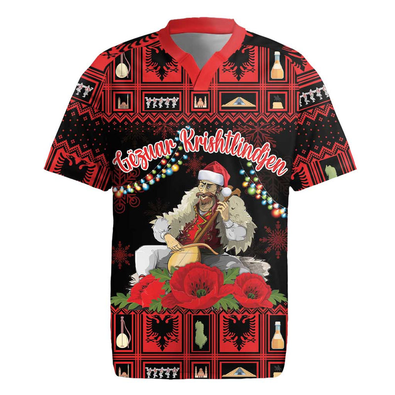 Albania Christmas Albanian Man Playing Lahuta With Red Poppy Rugby Jersey