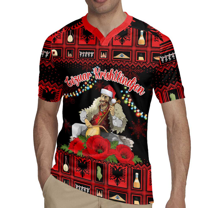 Albania Christmas Albanian Man Playing Lahuta With Red Poppy Rugby Jersey