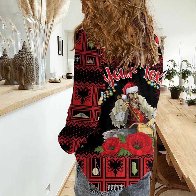 Albania Christmas Albanian Man Playing Lahuta With Red Poppy Women Casual Shirt